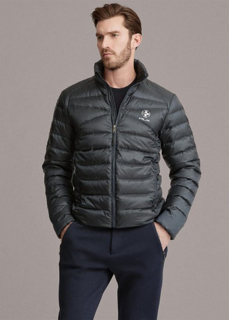 A model  wearing a RLX puffer jacket.