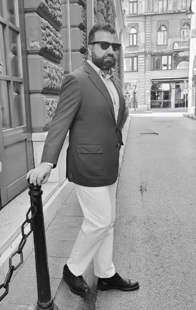Leon Papo (yours truly) wearing Canali chinos  with a Belvest blazer and Hugo Boss Black Label shoes.
