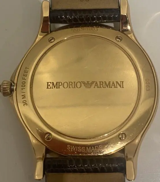 Case back of a Swiss made genuine Emporio Armani watch