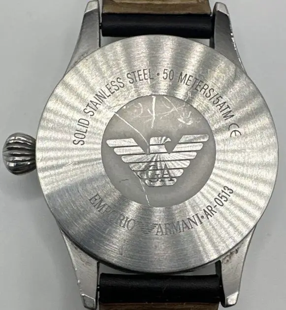 Case back of a fake Emporio Armani watch
