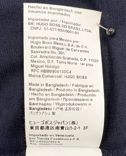 A label from a Hugo Boss product that is  made in Bangladesh.