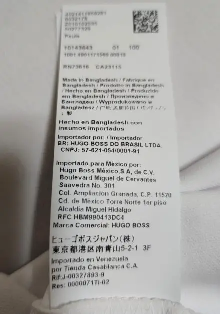 A label from a Hugo Boss product that is  made in Bangladesh.