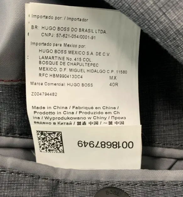 A label from a Hugo Boss product that is made in China.