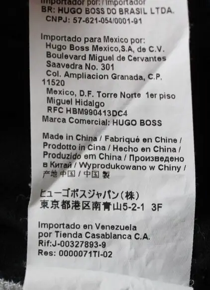 A label from a Hugo Boss product that is  made in China.