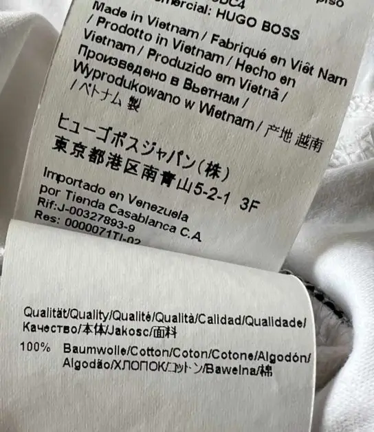 A label from a Hugo Boss product that is  made in Vietnam.