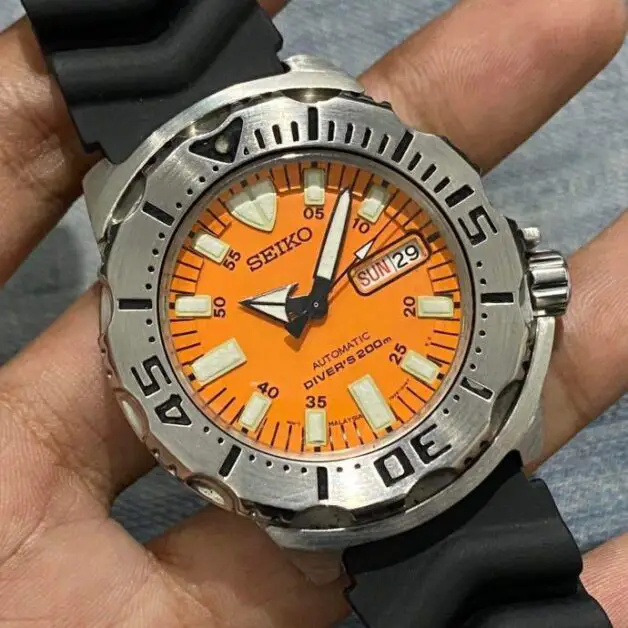 A Seiko SKX781 "Orange Monster" that is made in Malaysia. 